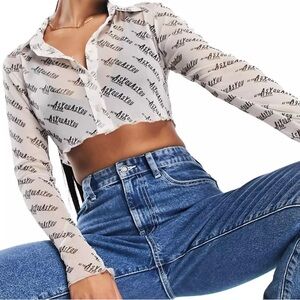 ASYOU branded monogram mesh crop top in monochrome